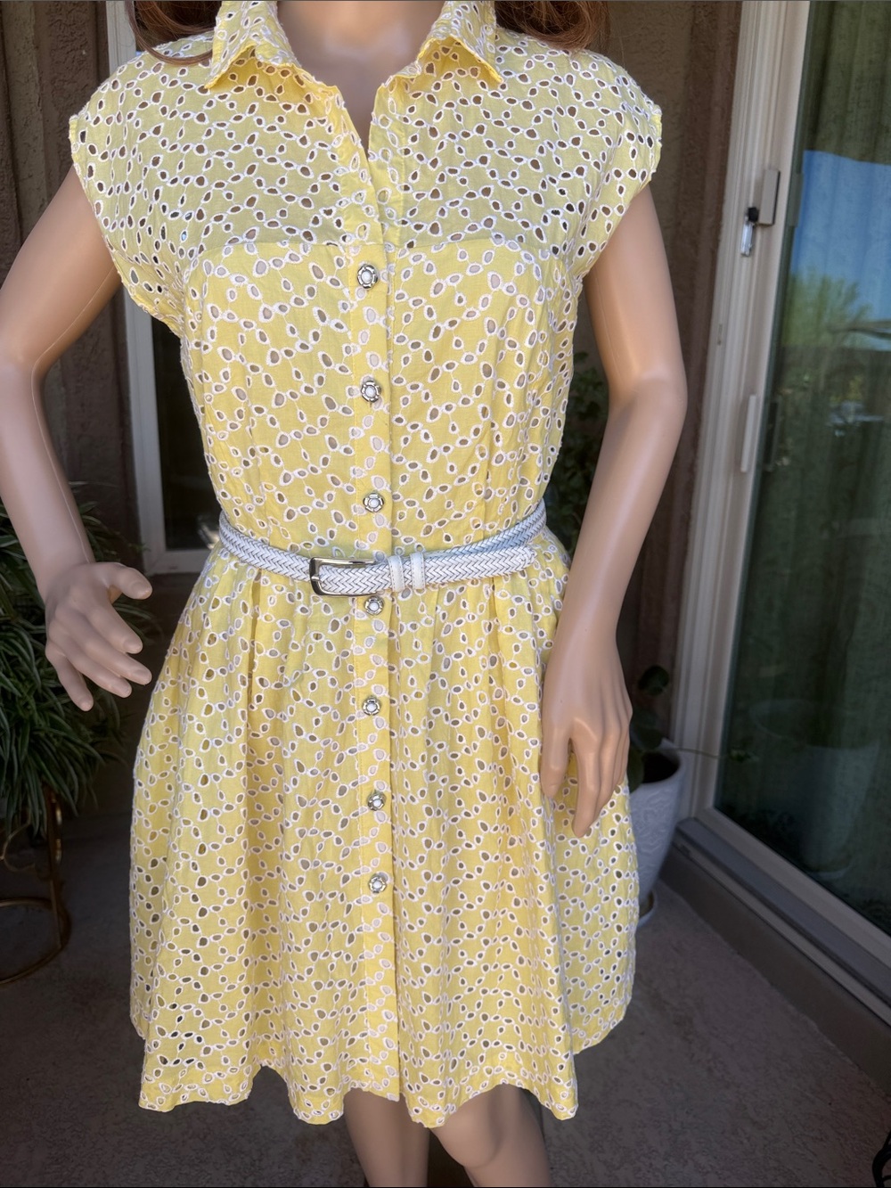 Betsey Johnson Yellow Eyelet Shirt Dress with Silver Belt